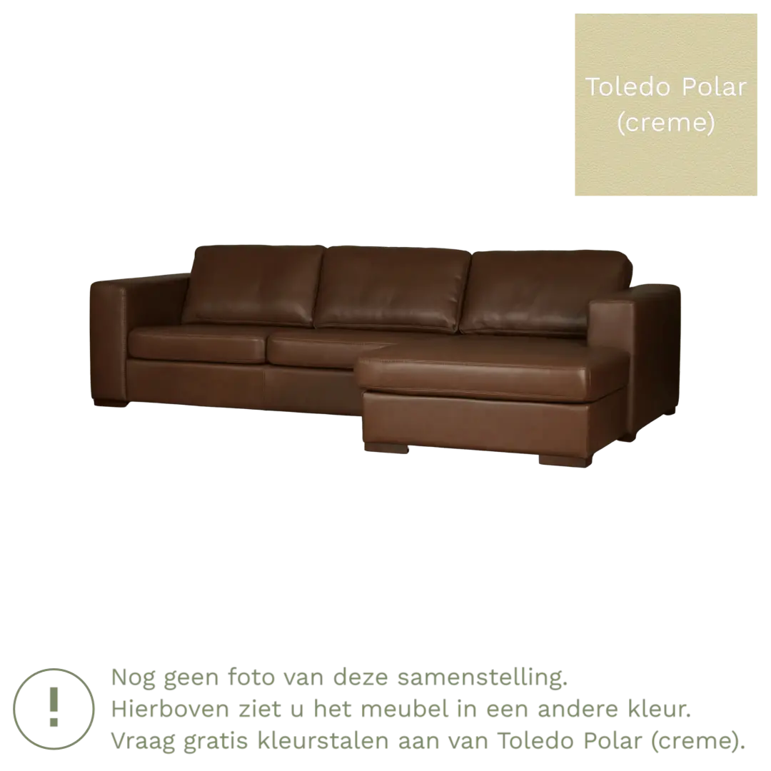 afbeelding van Leren hoekbank Flow - 3 zits arm rechts + longchair links - Toledo Polar (crème) - Poten hout bruin