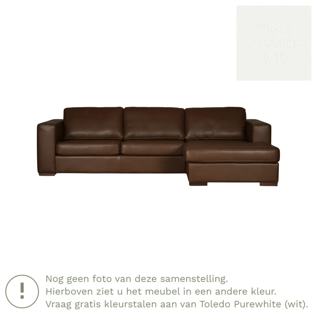 afbeelding van Leren hoekbank Flow - 3 zits arm rechts + longchair links - Toledo Purewhite (wit) - Poten hout bruin