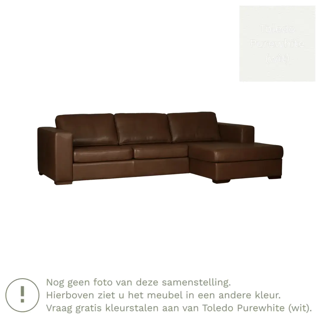 afbeelding van Leren hoekbank Flow - 3 zits arm rechts + longchair links - Toledo Purewhite (wit) - Poten hout zwart