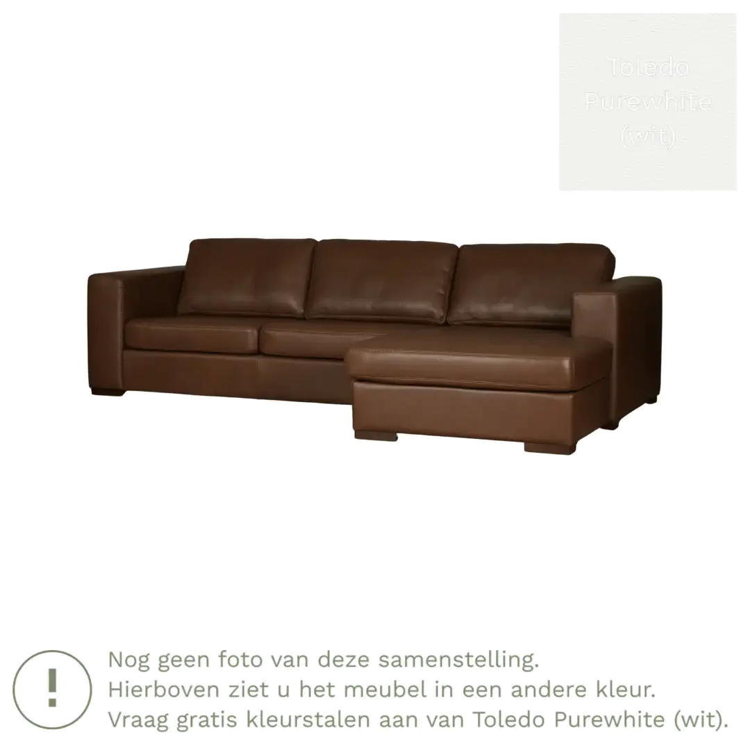 afbeelding van Leren hoekbank Flow - 3 zits arm rechts + longchair links - Toledo Purewhite (wit) - Poten hout zwart