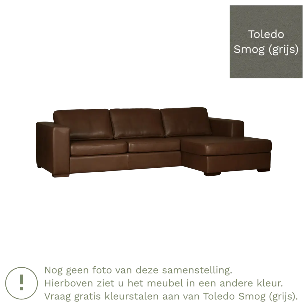 afbeelding van Leren hoekbank Flow - 3 zits arm rechts + longchair links - Toledo Smog (grijs) - Poten hout zwart