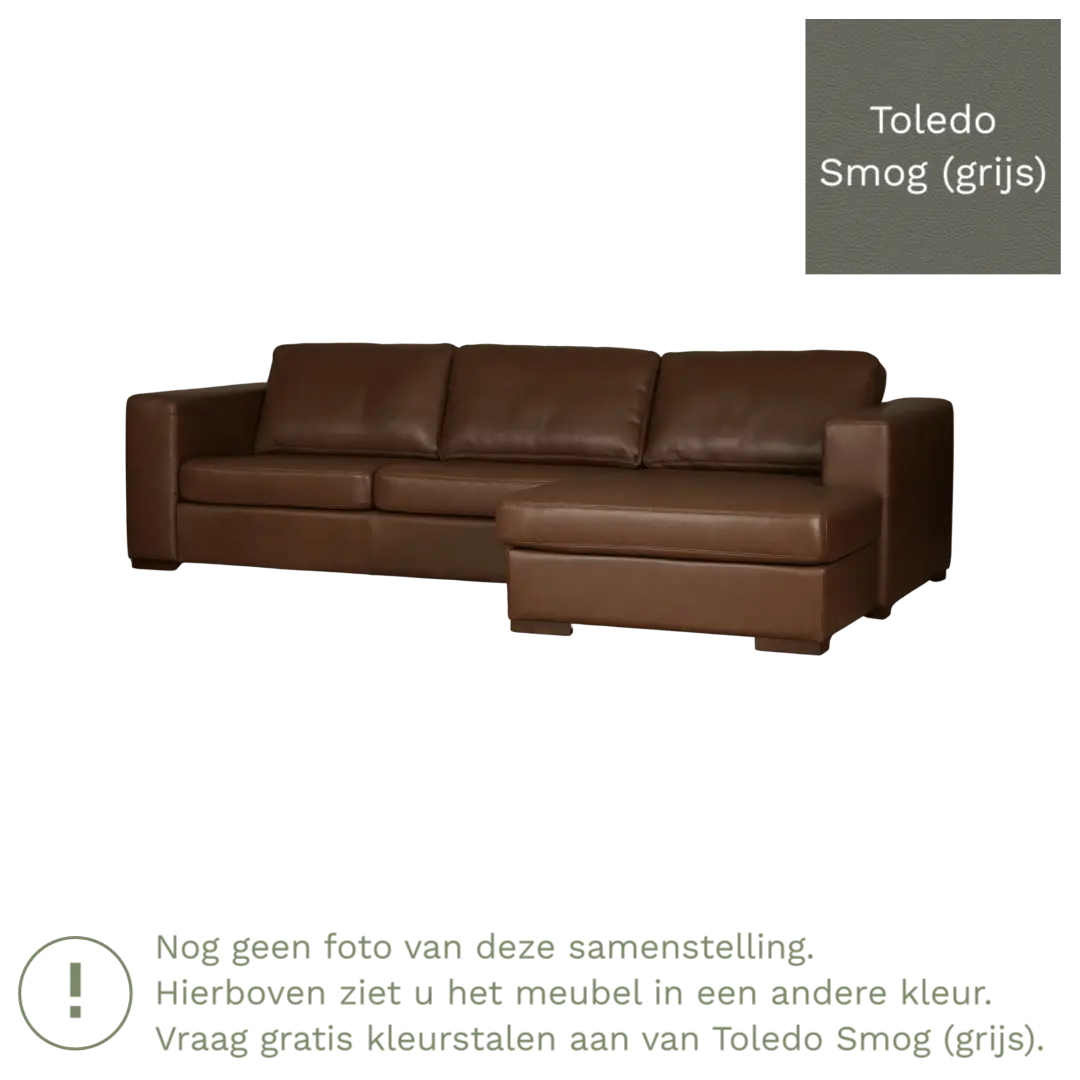 afbeelding van Leren hoekbank Flow - 3 zits arm rechts + longchair links - Toledo Smog (grijs) - Poten hout zwart