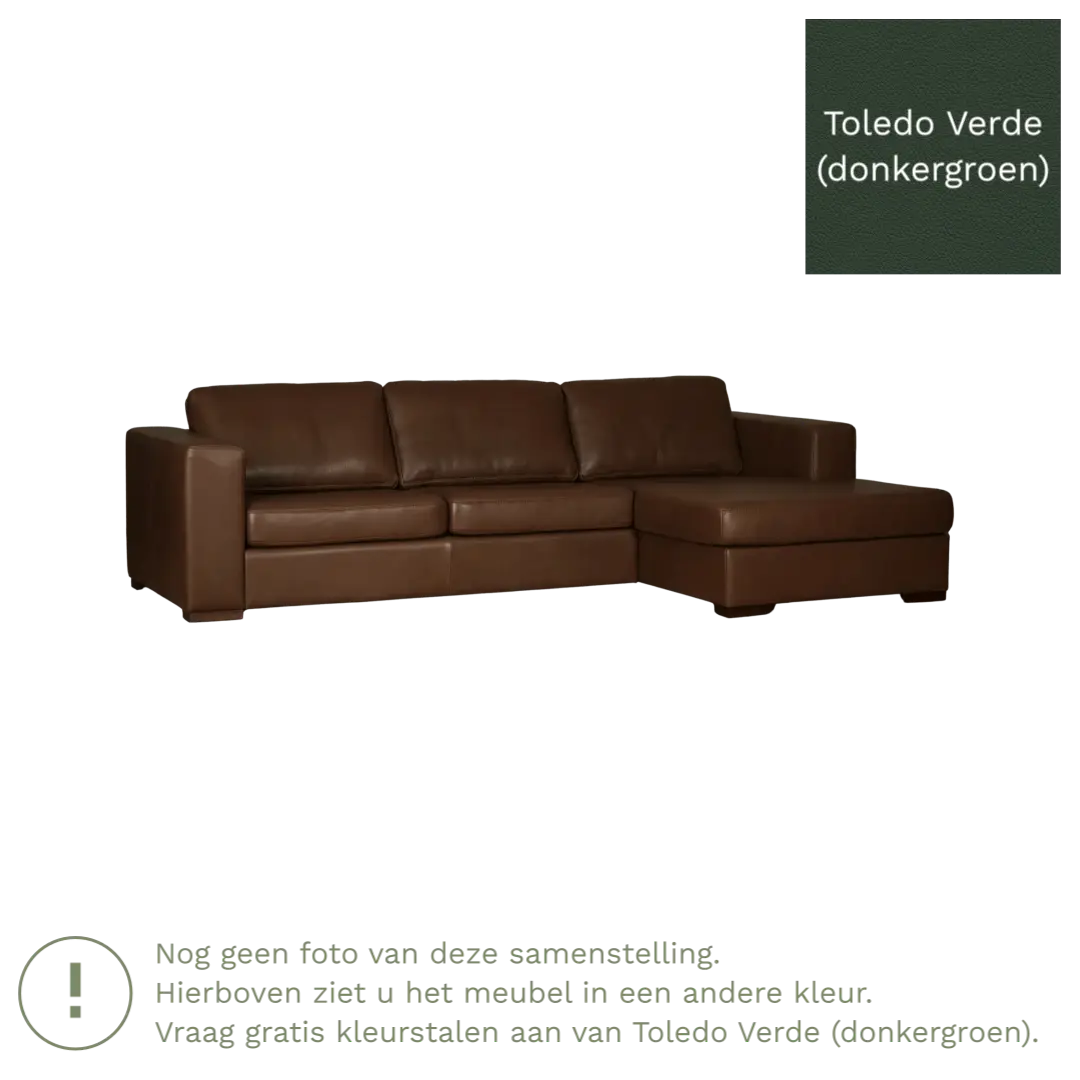 afbeelding van Leren hoekbank Flow - 3 zits arm rechts + longchair links - Toledo Verde (donkergroen) - Poten hout bruin