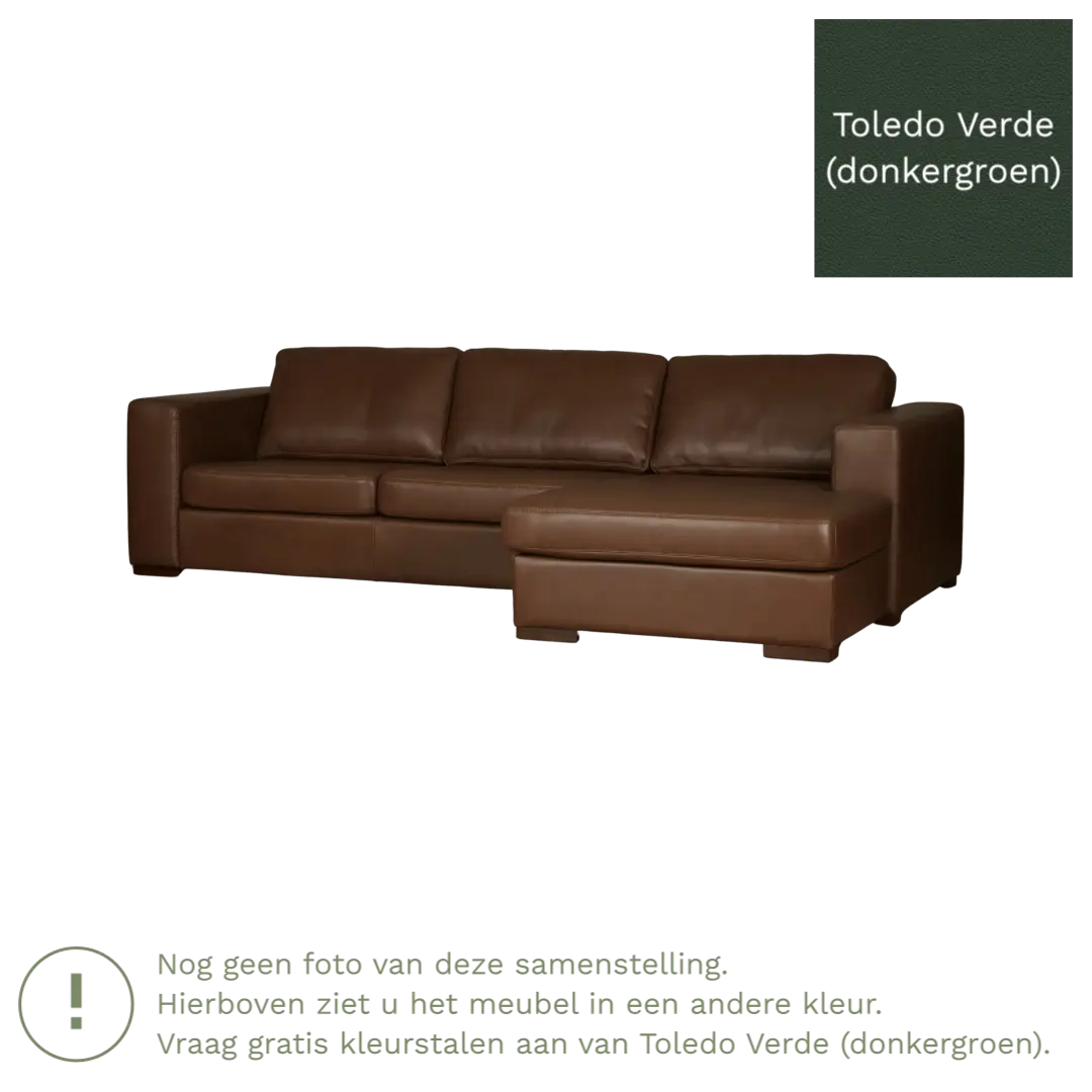 afbeelding van Leren hoekbank Flow - 3 zits arm rechts + longchair links - Toledo Verde (donkergroen) - Poten hout bruin