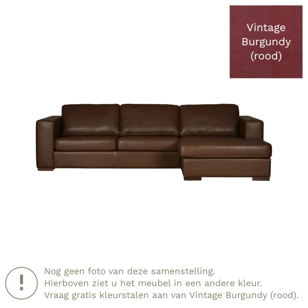 afbeelding van Leren hoekbank Flow - 3 zits arm rechts + longchair links - Vintage Burgundy (rood) - Poten hout zwart
