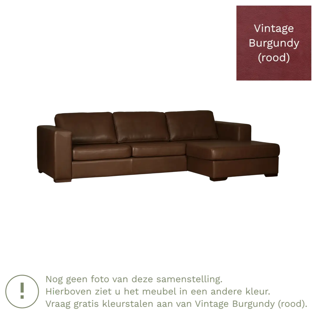 afbeelding van Leren hoekbank Flow - 3 zits arm rechts + longchair links - Vintage Burgundy (rood) - Poten hout zwart