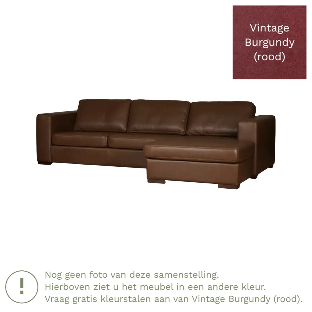 afbeelding van Leren hoekbank Flow - 3 zits arm rechts + longchair links - Vintage Burgundy (rood) - Poten hout zwart