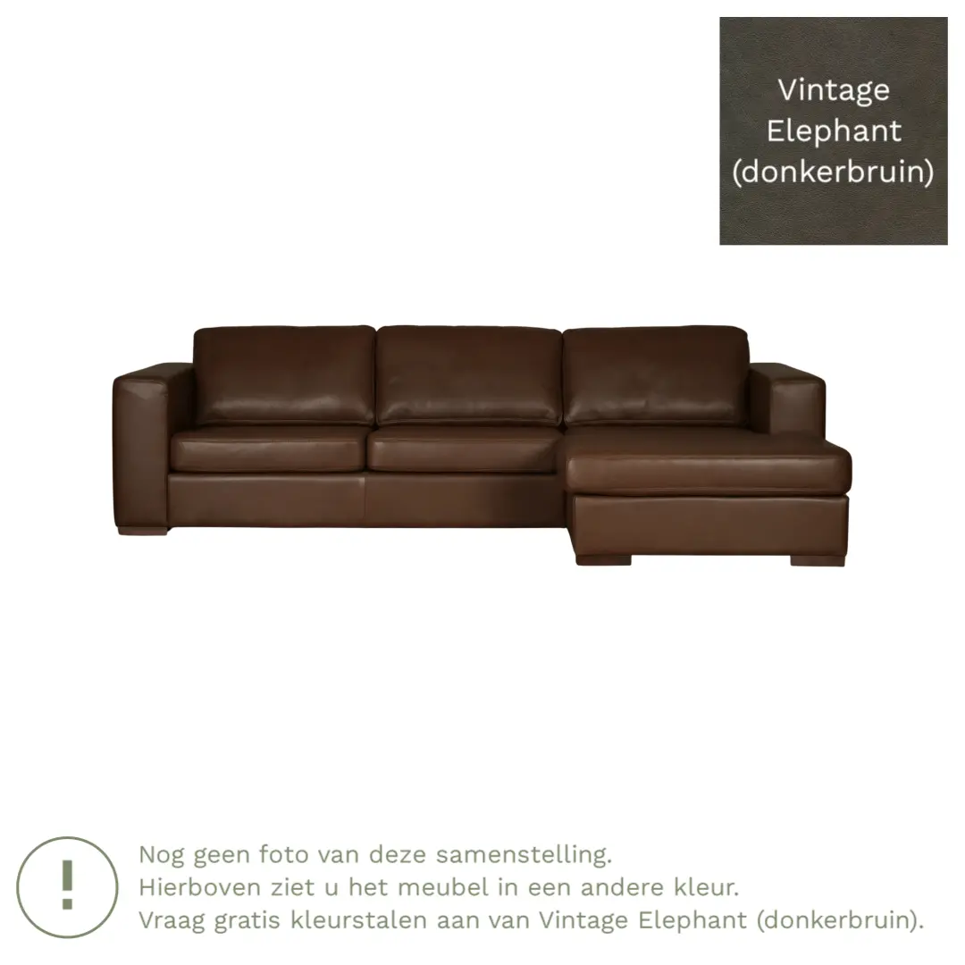 afbeelding van Leren hoekbank Flow - 3 zits arm rechts + longchair links - Vintage Elephant (donkerbruin) - Poten hout zwart