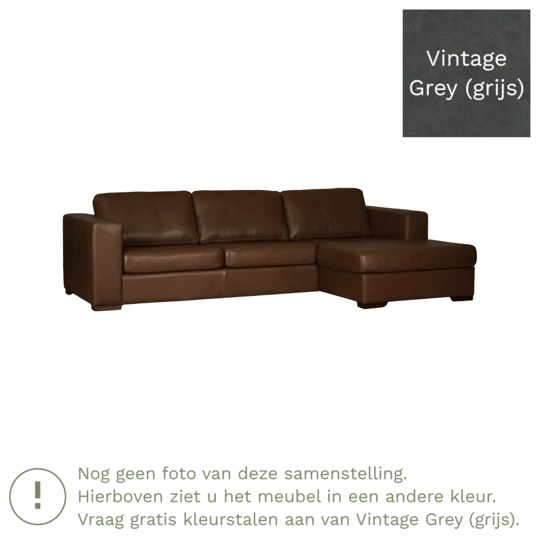 afbeelding van Leren hoekbank Flow - 3 zits arm rechts + longchair links - Vintage Grey (grijs) - Poten hout bruin
