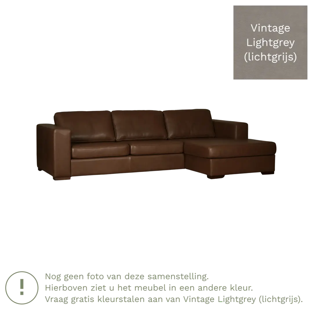 afbeelding van Leren hoekbank Flow - 3 zits arm rechts + longchair links - Vintage Lightgrey (lichtgrijs) - Poten hout zwart