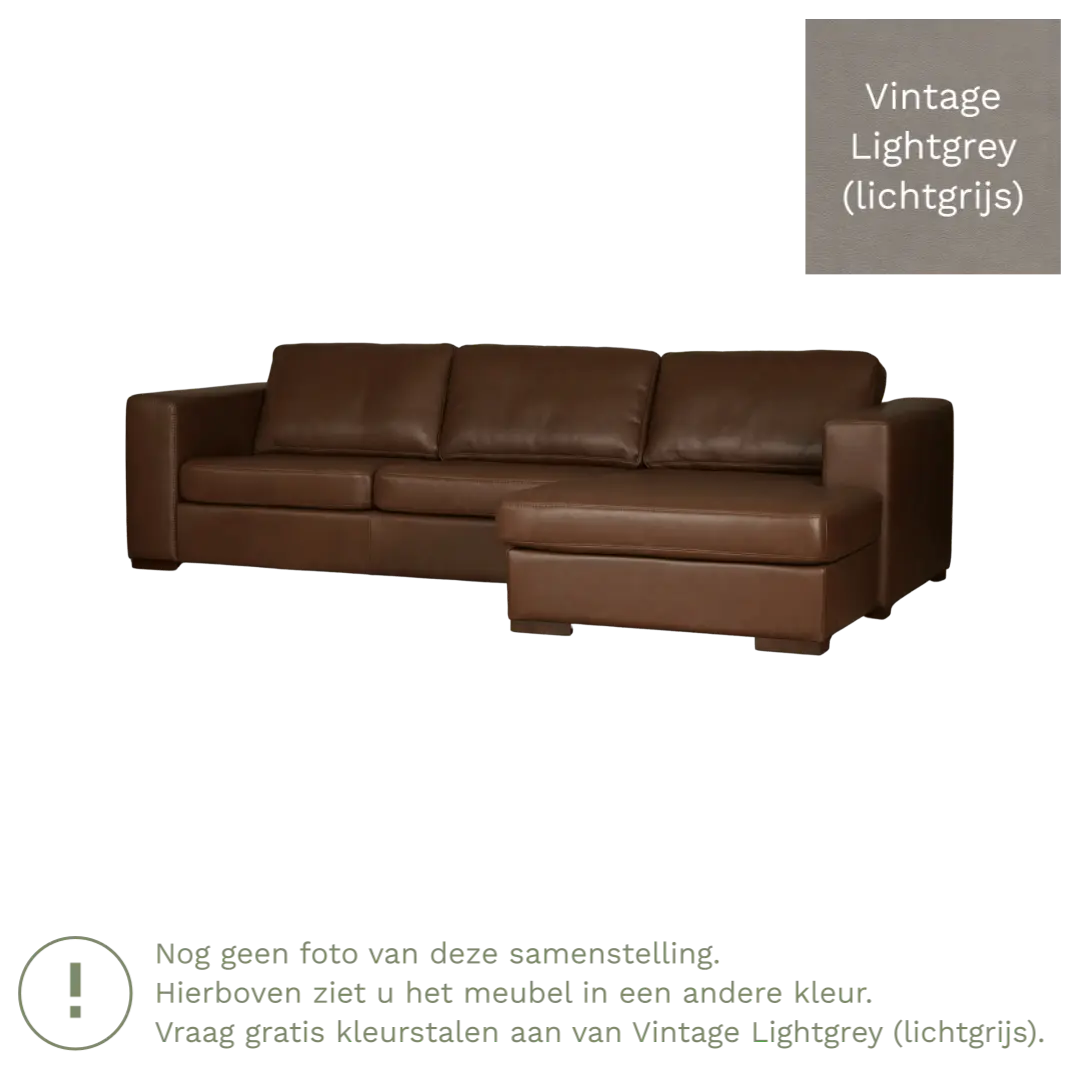 afbeelding van Leren hoekbank Flow - 3 zits arm rechts + longchair links - Vintage Lightgrey (lichtgrijs) - Poten hout zwart
