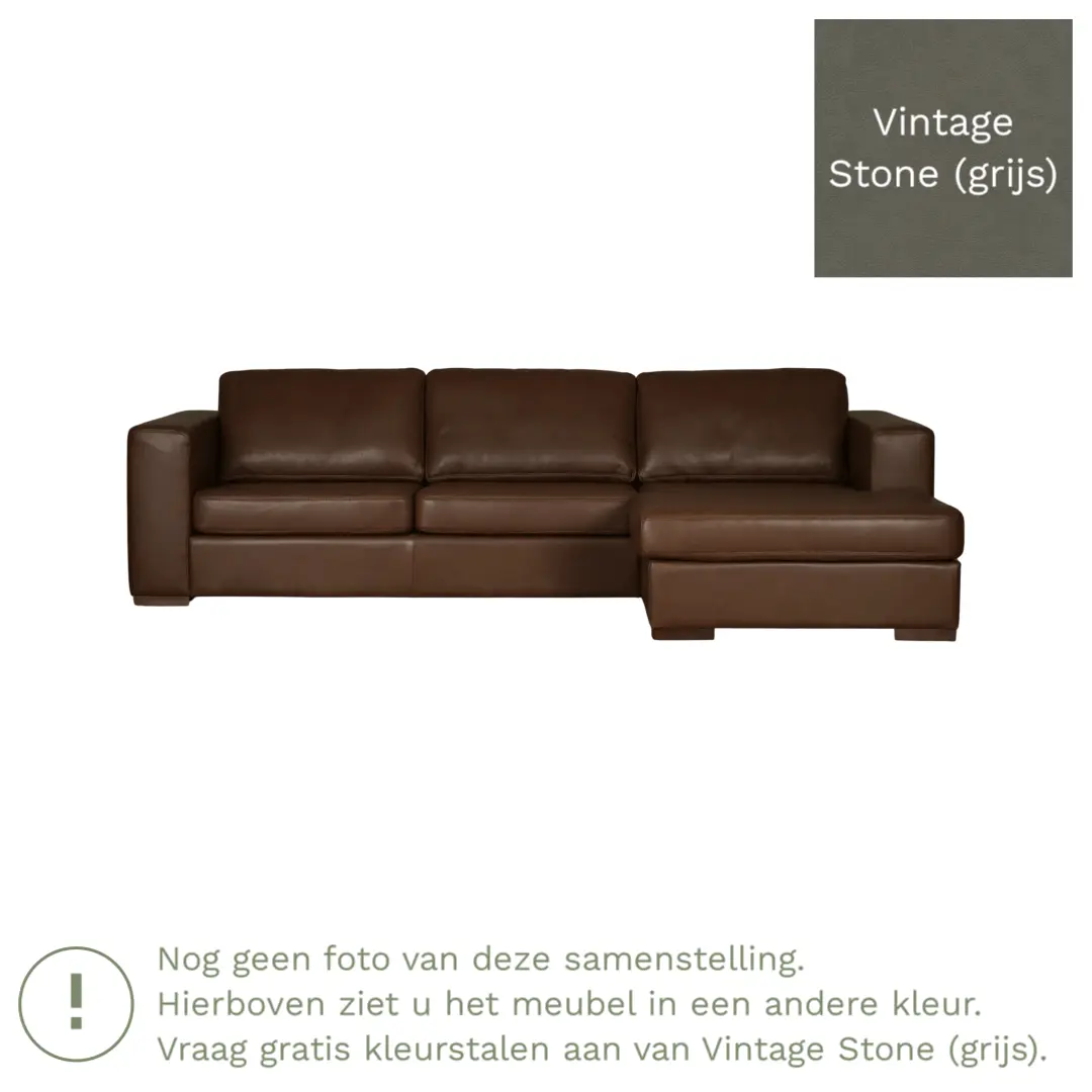 afbeelding van Leren hoekbank Flow - 3 zits arm rechts + longchair links - Vintage Stone (grijs) - Poten hout bruin
