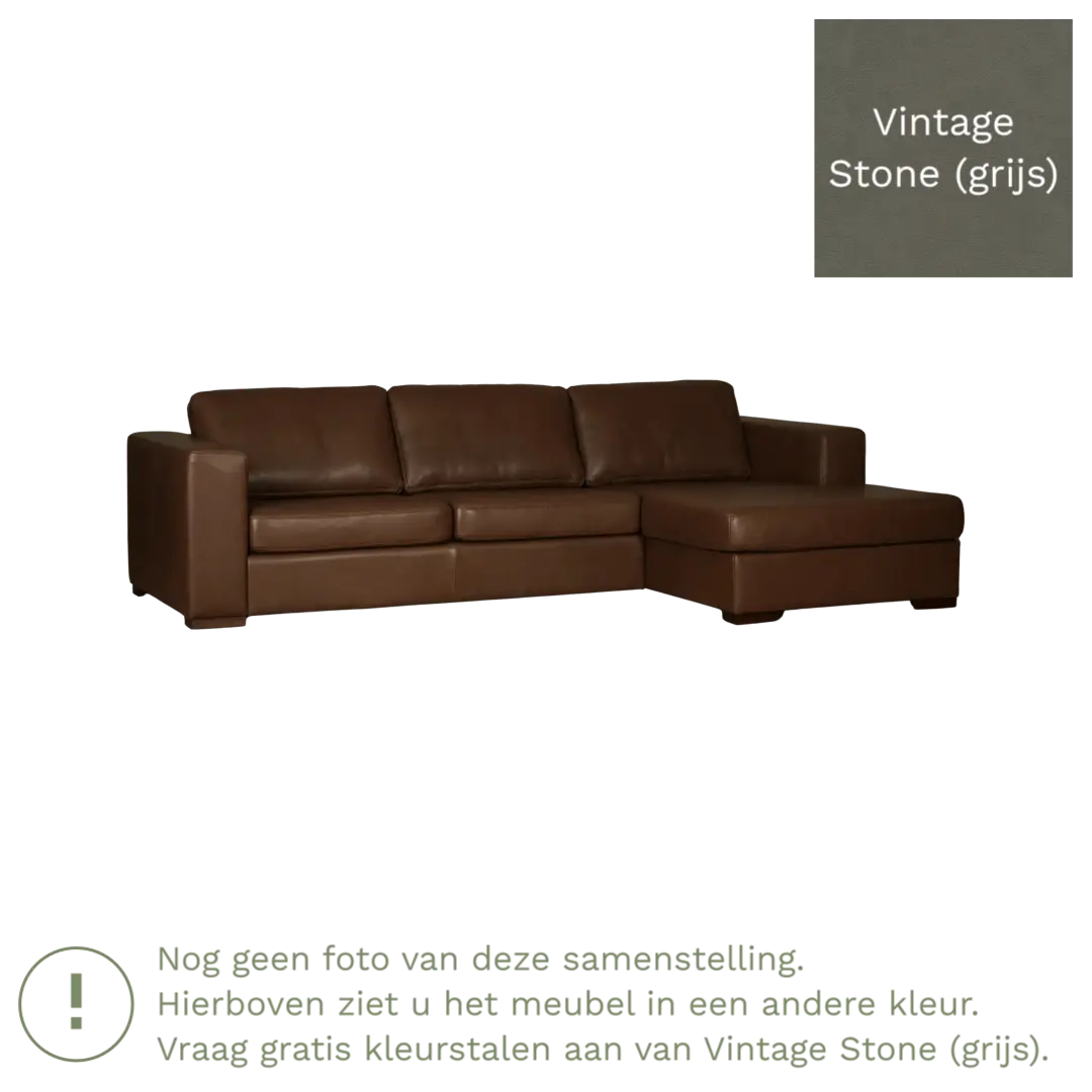 afbeelding van Leren hoekbank Flow - 3 zits arm rechts + longchair links - Vintage Stone (grijs) - Poten hout bruin