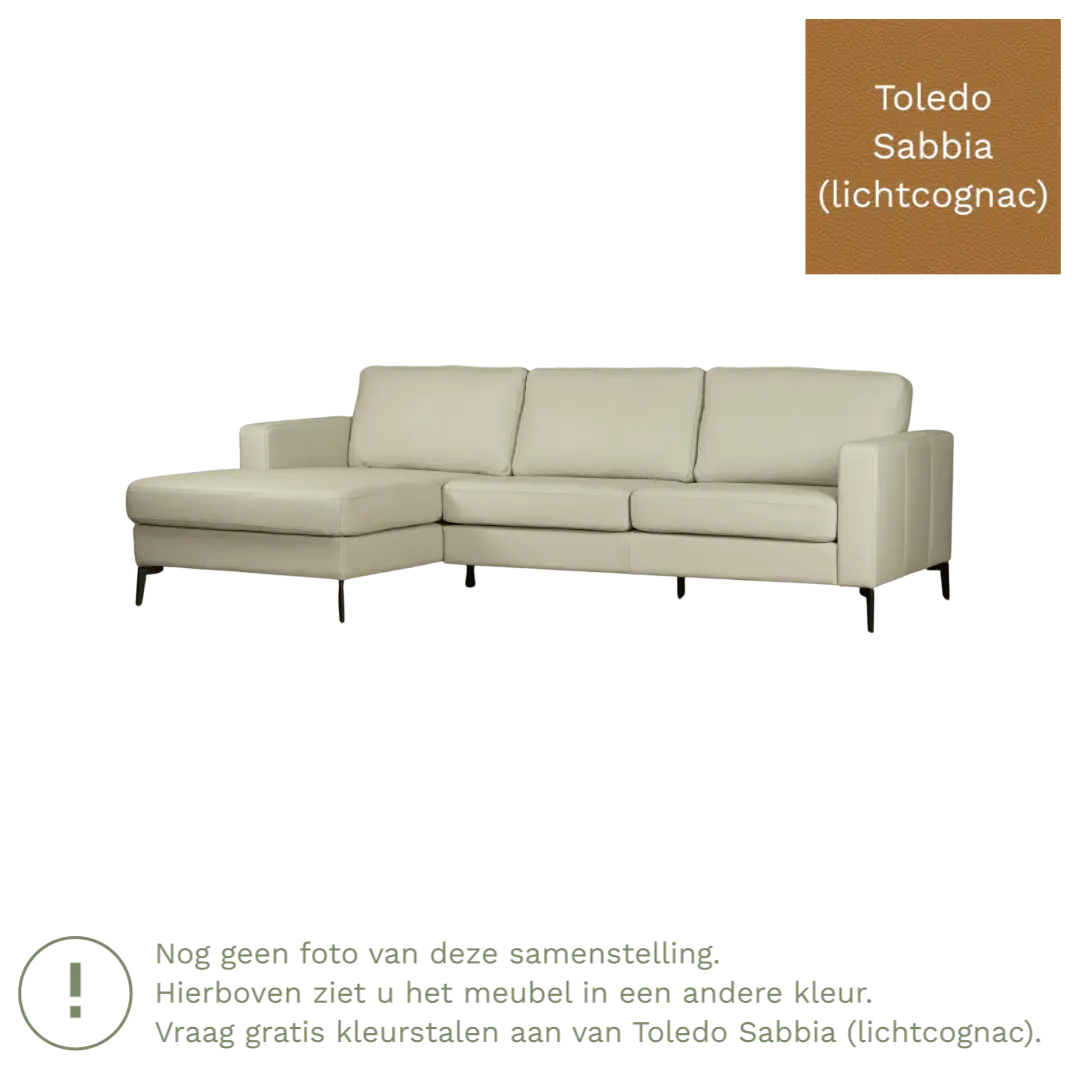 afbeelding van Leren hoekbank Match - 2.5-zits arm links + Longchair arm rechts - Toledo Sabbia (lichtcognac) - Poten staal zwart