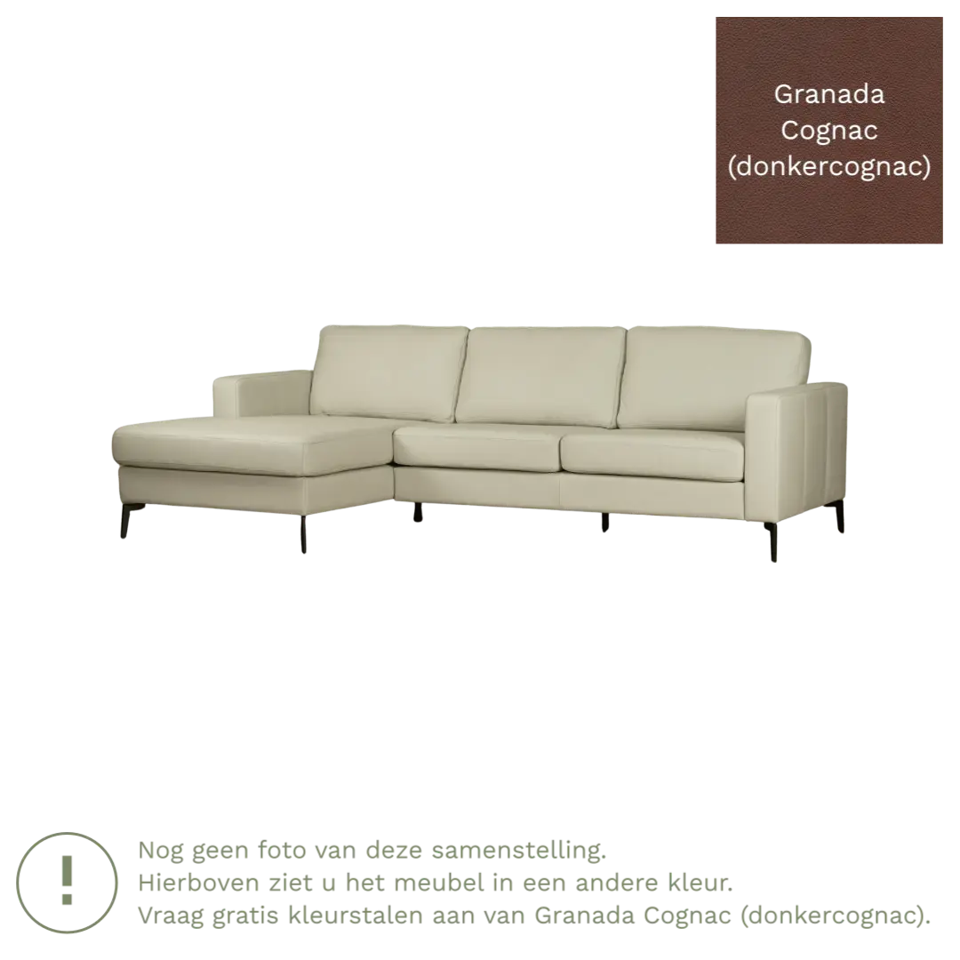 afbeelding van Leren hoekbank Match - 2.5-zits arm rechts + Longchair arm links - Granada Cognac (donkercognac) - Poten staal zwart