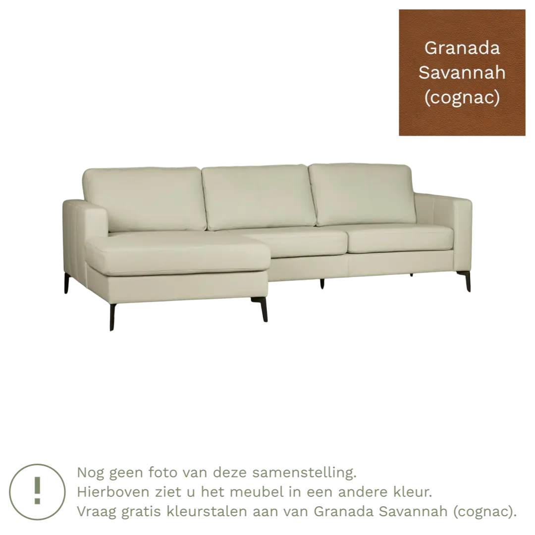 afbeelding van Leren hoekbank Match - 2.5-zits arm rechts + Longchair arm links - Granada Savannah (cognac) - Poten staal zwart
