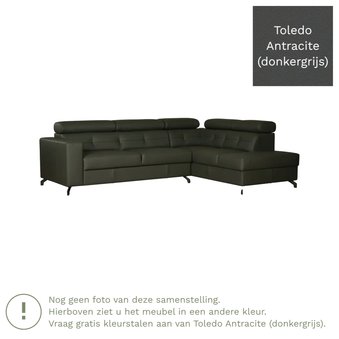 afbeelding van Leren hoekbank Nova - 2.5-zits arm links + Longchair arm rechts - Toledo Antracite (donkergrijs) - Poten staal zwart