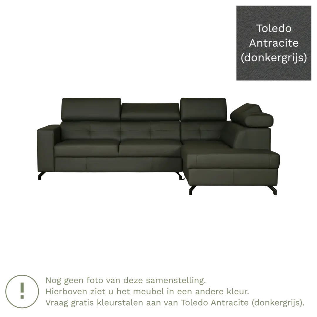afbeelding van Leren hoekbank Nova - 2.5-zits arm links + Longchair arm rechts - Toledo Antracite (donkergrijs) - Poten staal zwart