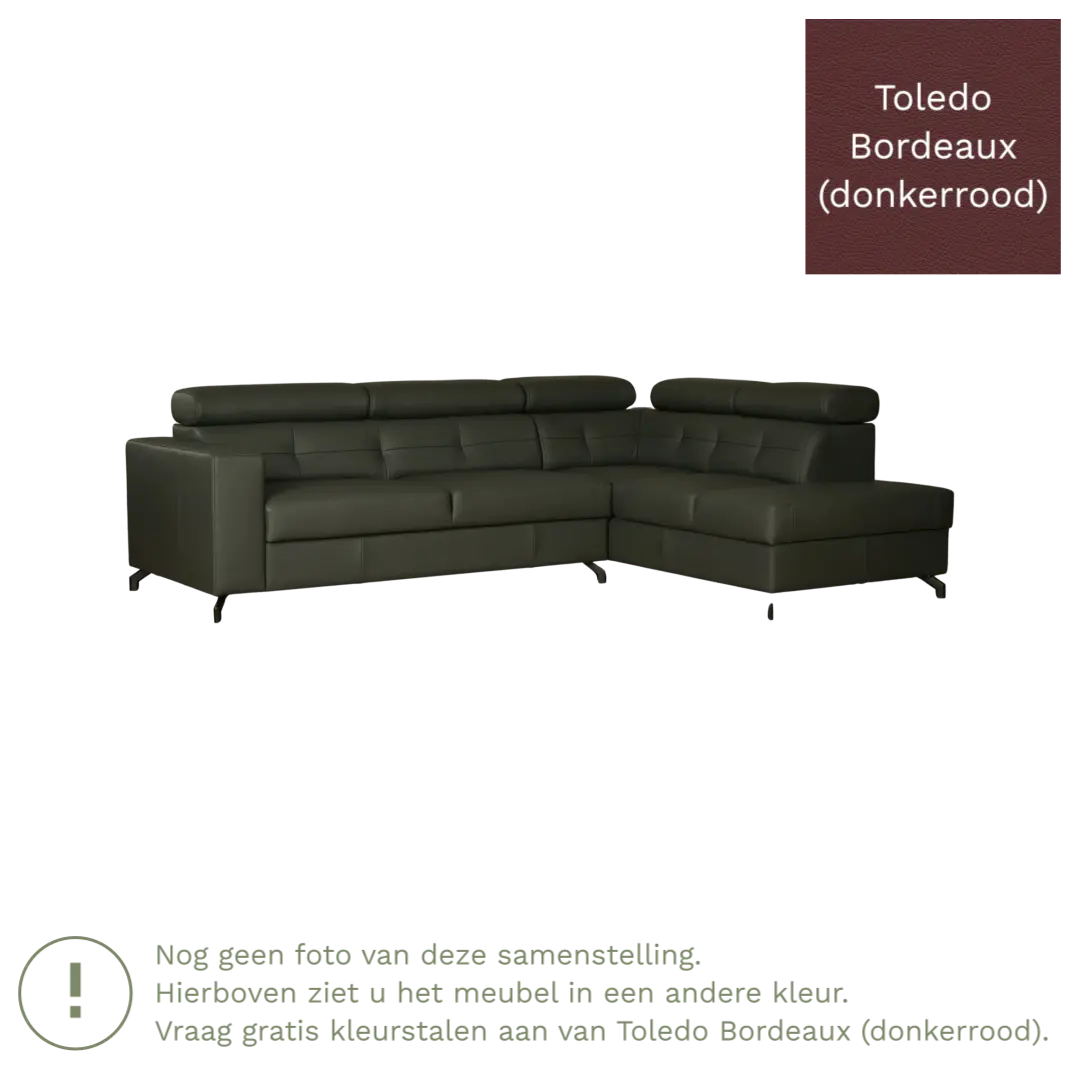 afbeelding van Leren hoekbank Nova - 2.5-zits arm links + Longchair arm rechts - Toledo Bordeaux (donkerrood) - Poten staal zwart
