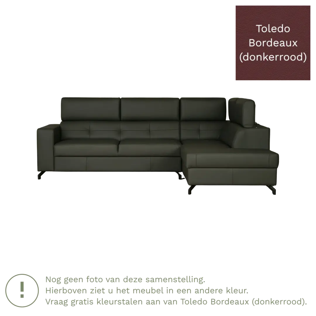 afbeelding van Leren hoekbank Nova - 2.5-zits arm links + Longchair arm rechts - Toledo Bordeaux (donkerrood) - Poten staal zwart