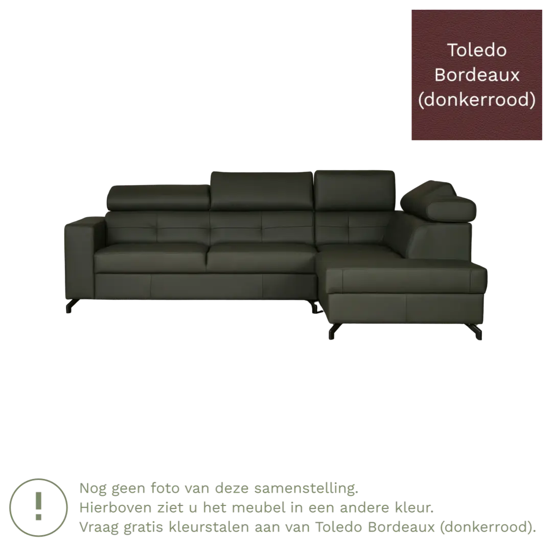 afbeelding van Leren hoekbank Nova - 2.5-zits arm links + Longchair arm rechts - Toledo Bordeaux (donkerrood) - Poten staal zwart