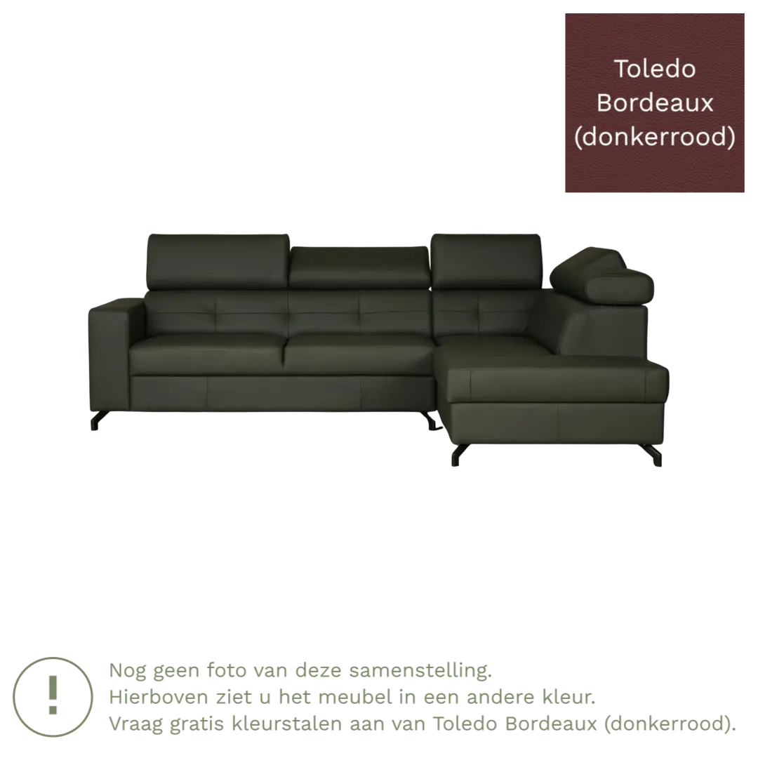 afbeelding van Leren hoekbank Nova - 2.5-zits arm links + Longchair arm rechts - Toledo Bordeaux (donkerrood) - Poten staal zwart