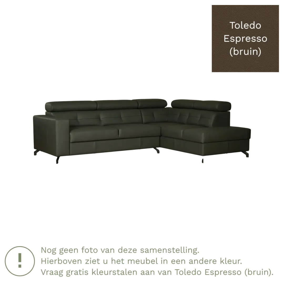 afbeelding van Leren hoekbank Nova - 2.5-zits arm links + Longchair arm rechts - Toledo Espresso (bruin) - Poten staal zwart