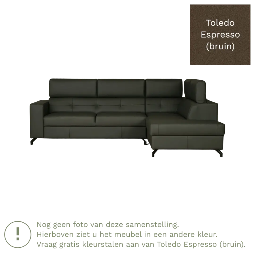afbeelding van Leren hoekbank Nova - 2.5-zits arm links + Longchair arm rechts - Toledo Espresso (bruin) - Poten staal zwart