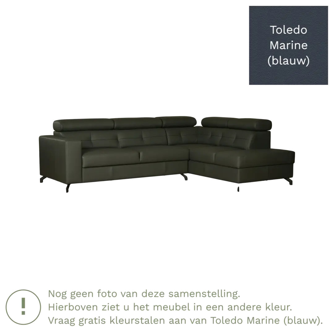 afbeelding van Leren hoekbank Nova - 2.5-zits arm links + Longchair arm rechts - Toledo Marine (blauw) - Poten staal zwart