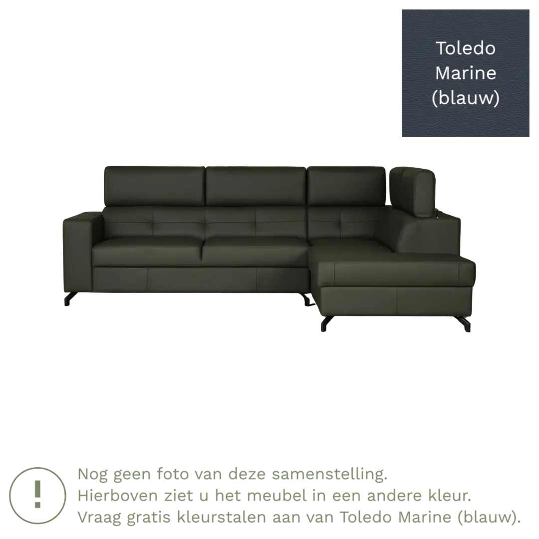 afbeelding van Leren hoekbank Nova - 2.5-zits arm links + Longchair arm rechts - Toledo Marine (blauw) - Poten staal zwart
