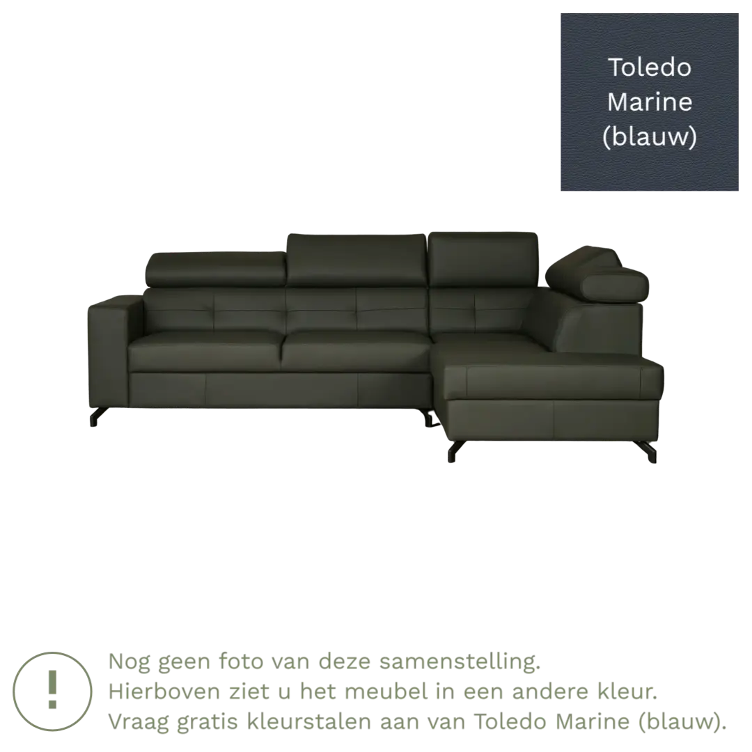 afbeelding van Leren hoekbank Nova - 2.5-zits arm links + Longchair arm rechts - Toledo Marine (blauw) - Poten staal zwart
