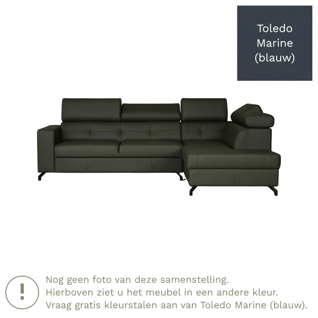 afbeelding van Leren hoekbank Nova - 2.5-zits arm links + Longchair arm rechts - Toledo Marine (blauw) - Poten staal zwart