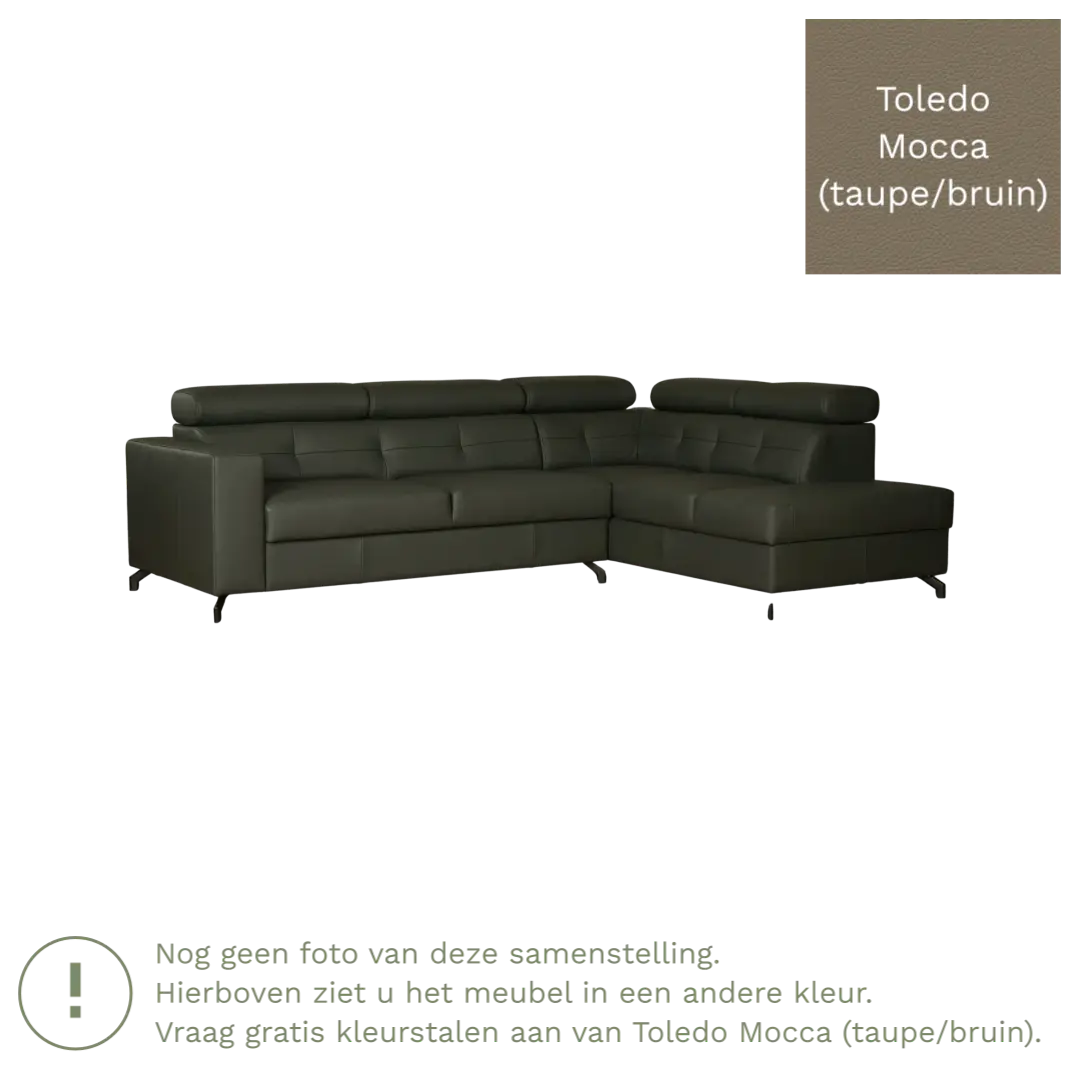 afbeelding van Leren hoekbank Nova - 2.5-zits arm links + Longchair arm rechts - Toledo Mocca (taupe/bruin) - Poten staal zwart