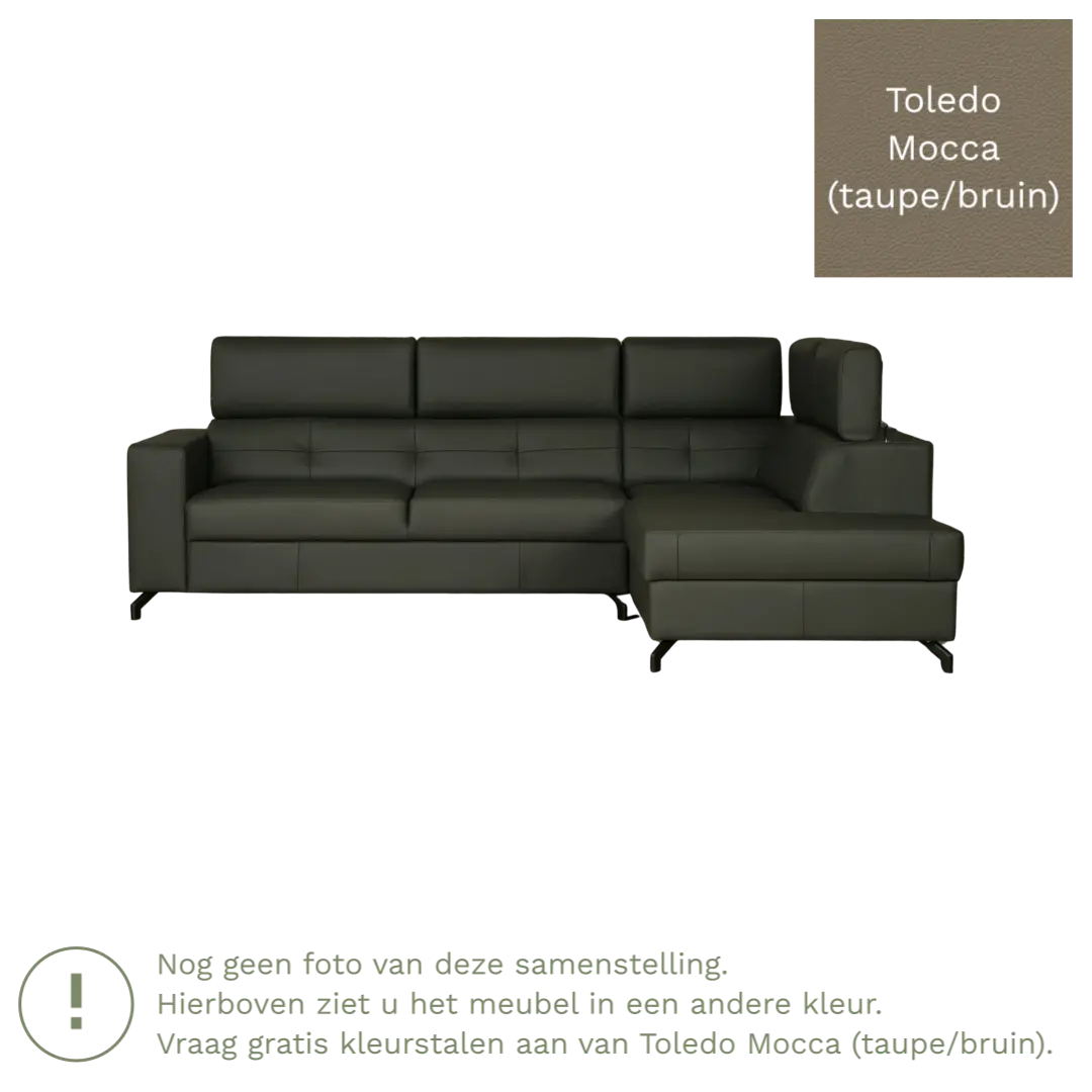 afbeelding van Leren hoekbank Nova - 2.5-zits arm links + Longchair arm rechts - Toledo Mocca (taupe/bruin) - Poten staal zwart