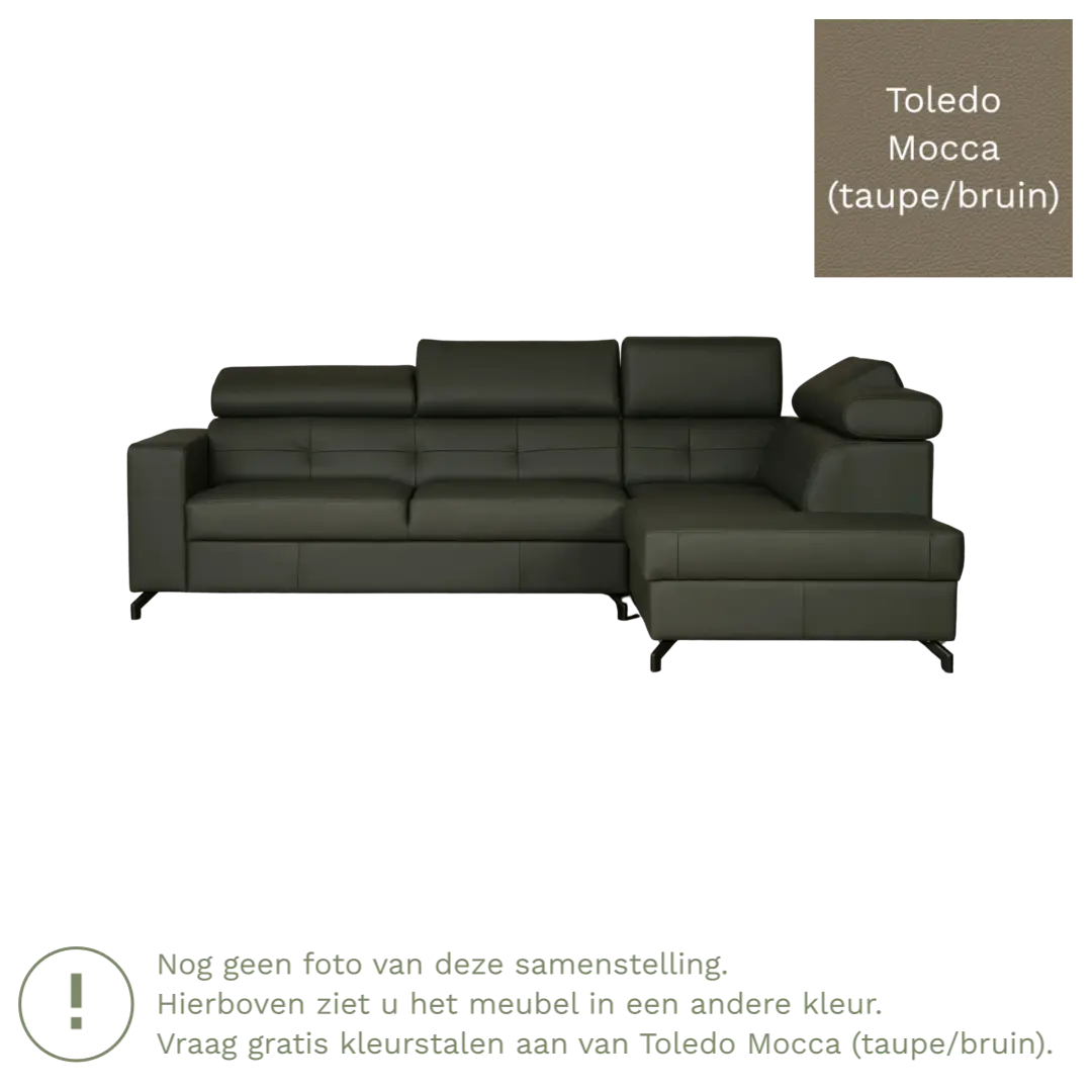 afbeelding van Leren hoekbank Nova - 2.5-zits arm links + Longchair arm rechts - Toledo Mocca (taupe/bruin) - Poten staal zwart