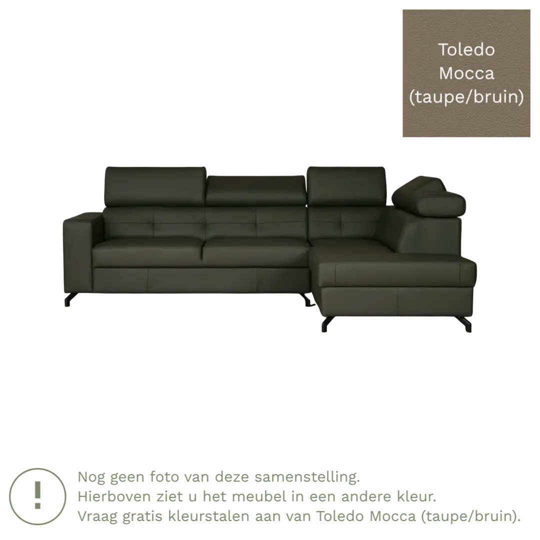 afbeelding van Leren hoekbank Nova - 2.5-zits arm links + Longchair arm rechts - Toledo Mocca (taupe/bruin) - Poten staal zwart