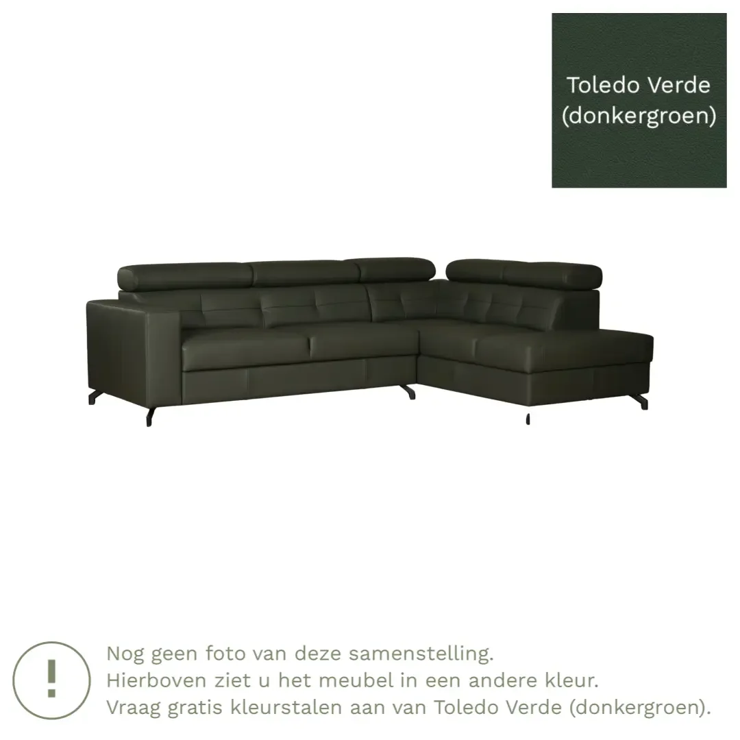 afbeelding van Leren hoekbank Nova - 2.5-zits arm links + Longchair arm rechts - Toledo Verde (donkergroen) - Poten staal zwart