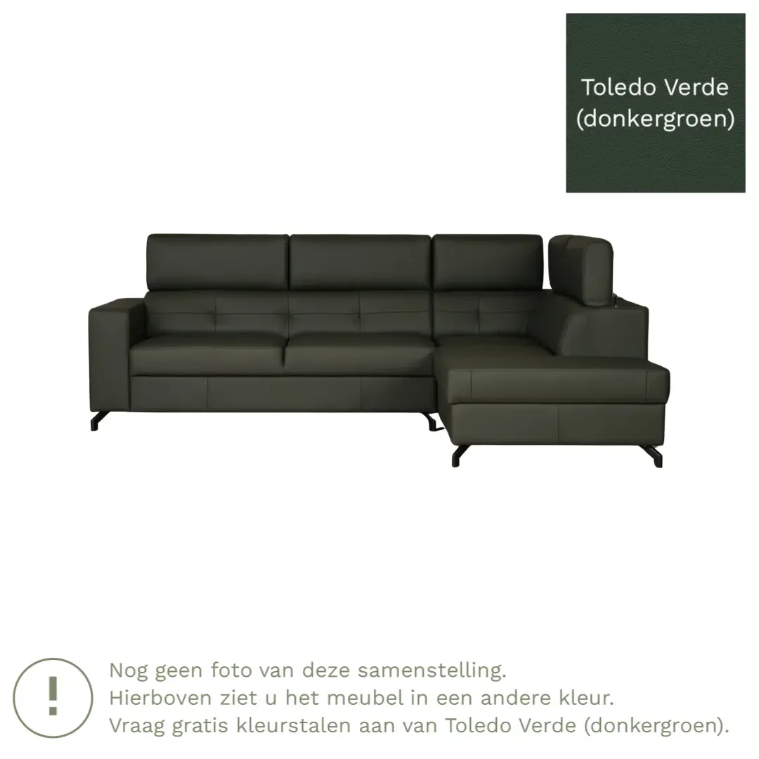 afbeelding van Leren hoekbank Nova - 2.5-zits arm links + Longchair arm rechts - Toledo Verde (donkergroen) - Poten staal zwart