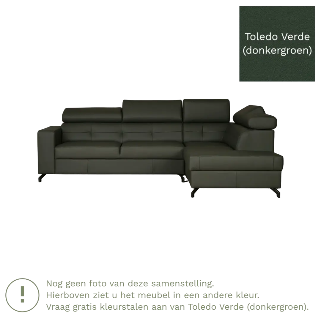 afbeelding van Leren hoekbank Nova - 2.5-zits arm links + Longchair arm rechts - Toledo Verde (donkergroen) - Poten staal zwart