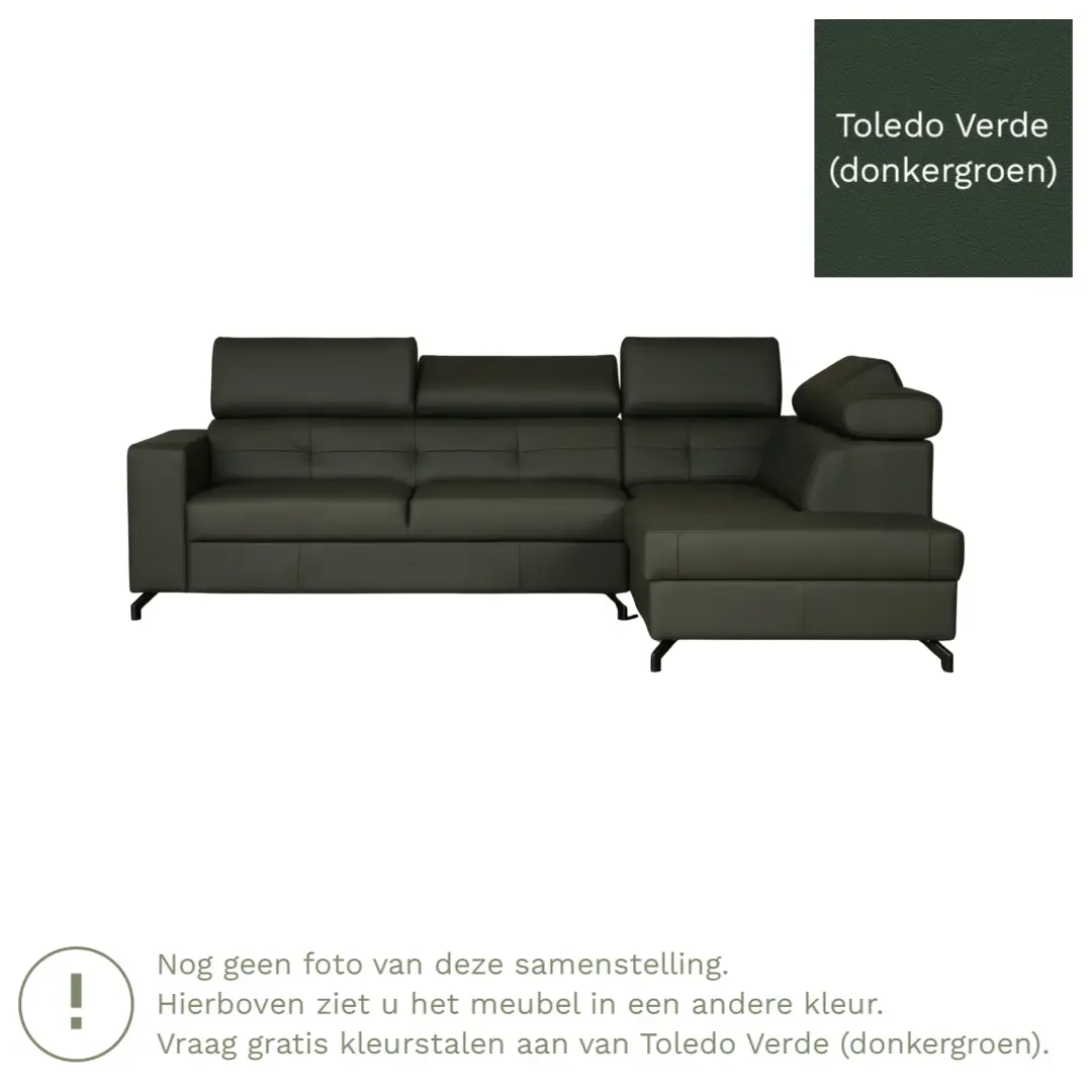 afbeelding van Leren hoekbank Nova - 2.5-zits arm links + Longchair arm rechts - Toledo Verde (donkergroen) - Poten staal zwart