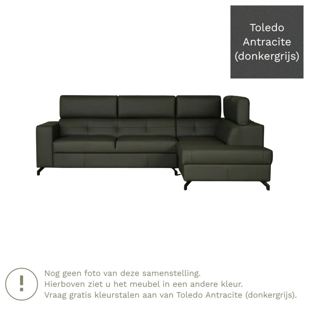 afbeelding van Leren hoekbank Nova - 2.5-zits arm rechts + Longchair arm links - Toledo Antracite (donkergrijs) - Poten staal zwart