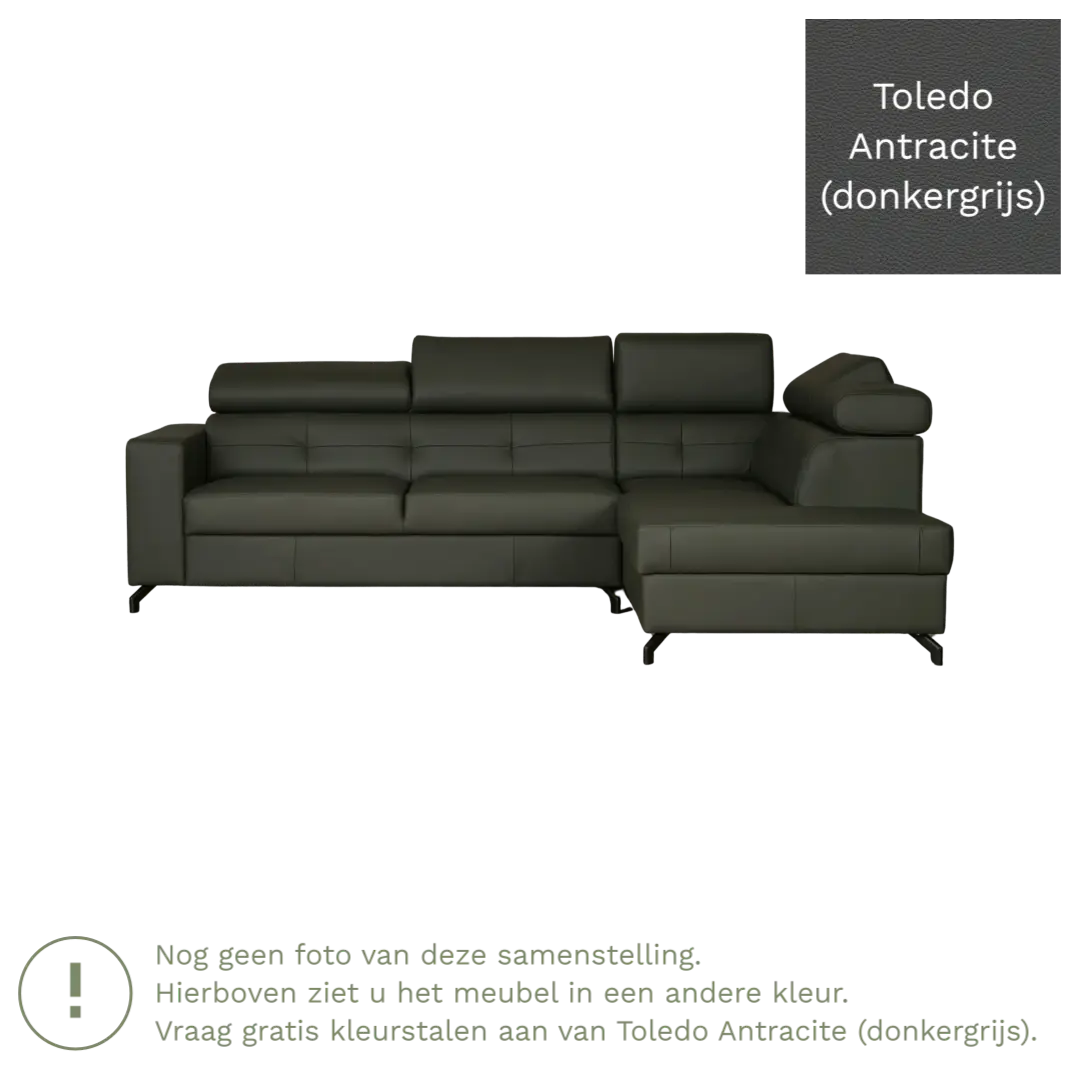 afbeelding van Leren hoekbank Nova - 2.5-zits arm rechts + Longchair arm links - Toledo Antracite (donkergrijs) - Poten staal zwart