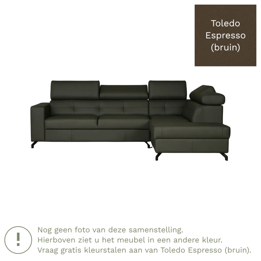 afbeelding van Leren hoekbank Nova - 2.5-zits arm rechts + Longchair arm links - Toledo Espresso (bruin) - Poten staal zwart