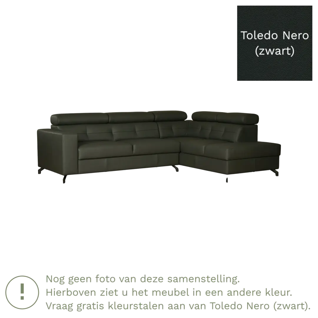 afbeelding van Leren hoekbank Nova - 2.5-zits arm rechts + Longchair arm links - Toledo Nero (zwart) - Poten staal zwart