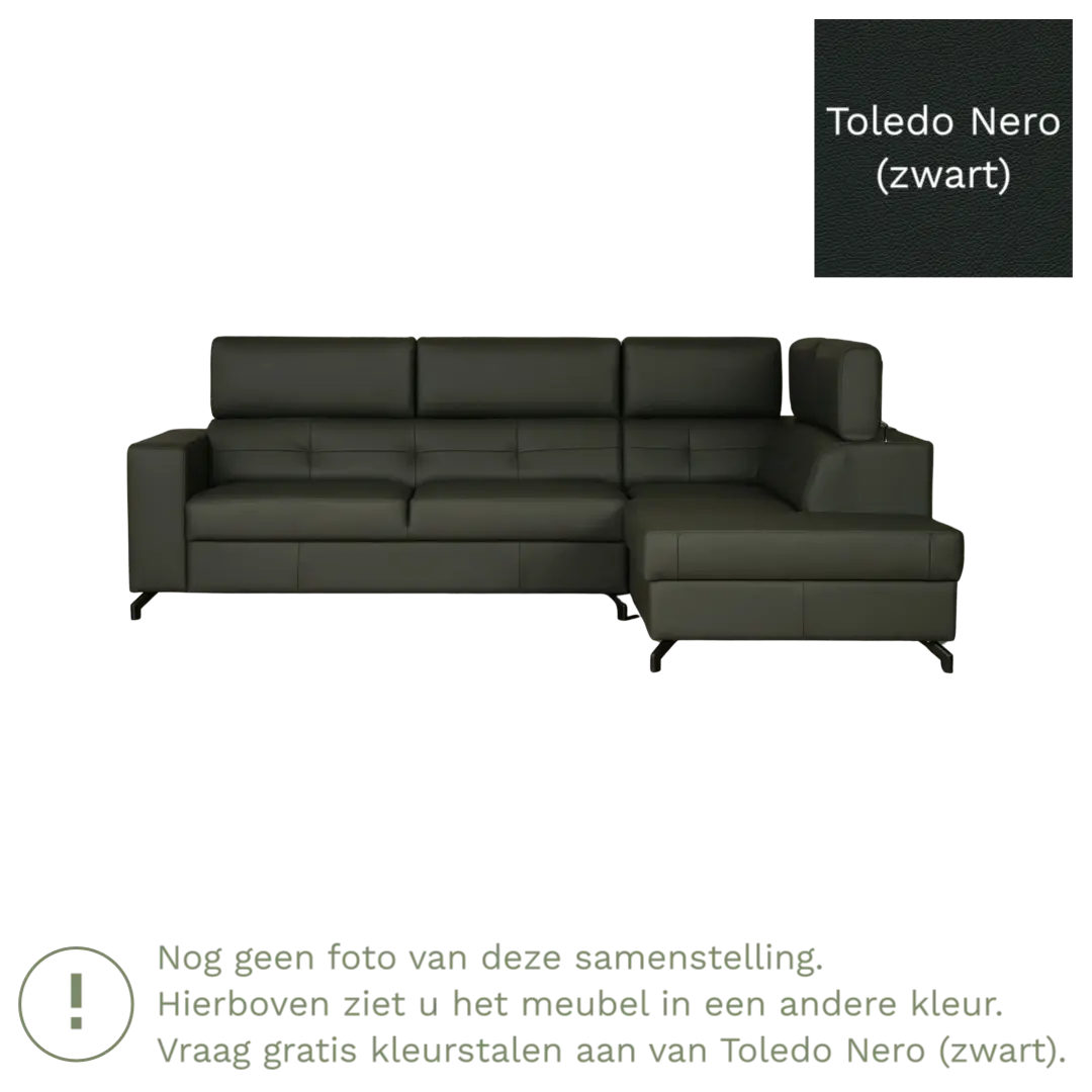 afbeelding van Leren hoekbank Nova - 2.5-zits arm rechts + Longchair arm links - Toledo Nero (zwart) - Poten staal zwart