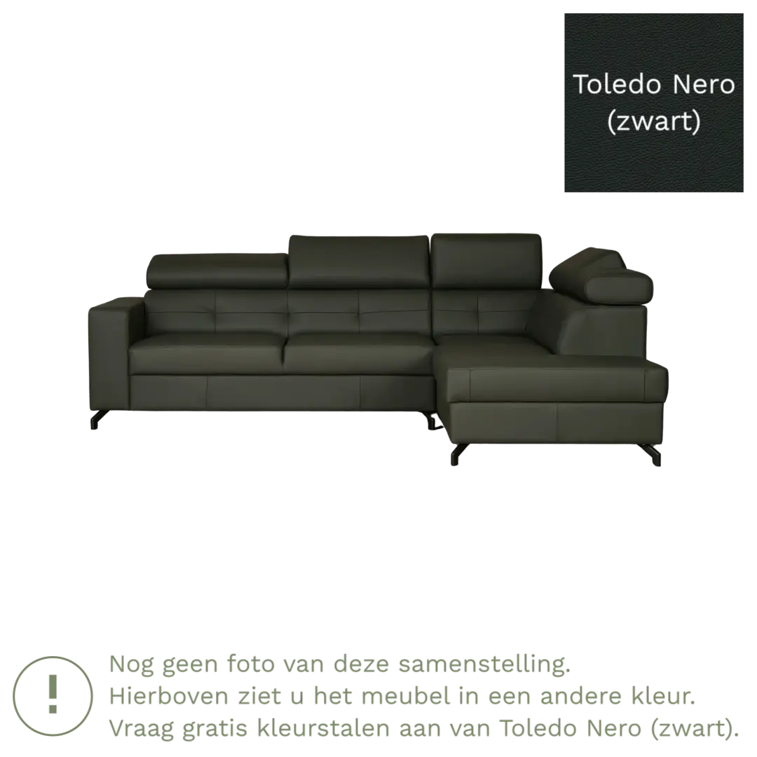 afbeelding van Leren hoekbank Nova - 2.5-zits arm rechts + Longchair arm links - Toledo Nero (zwart) - Poten staal zwart
