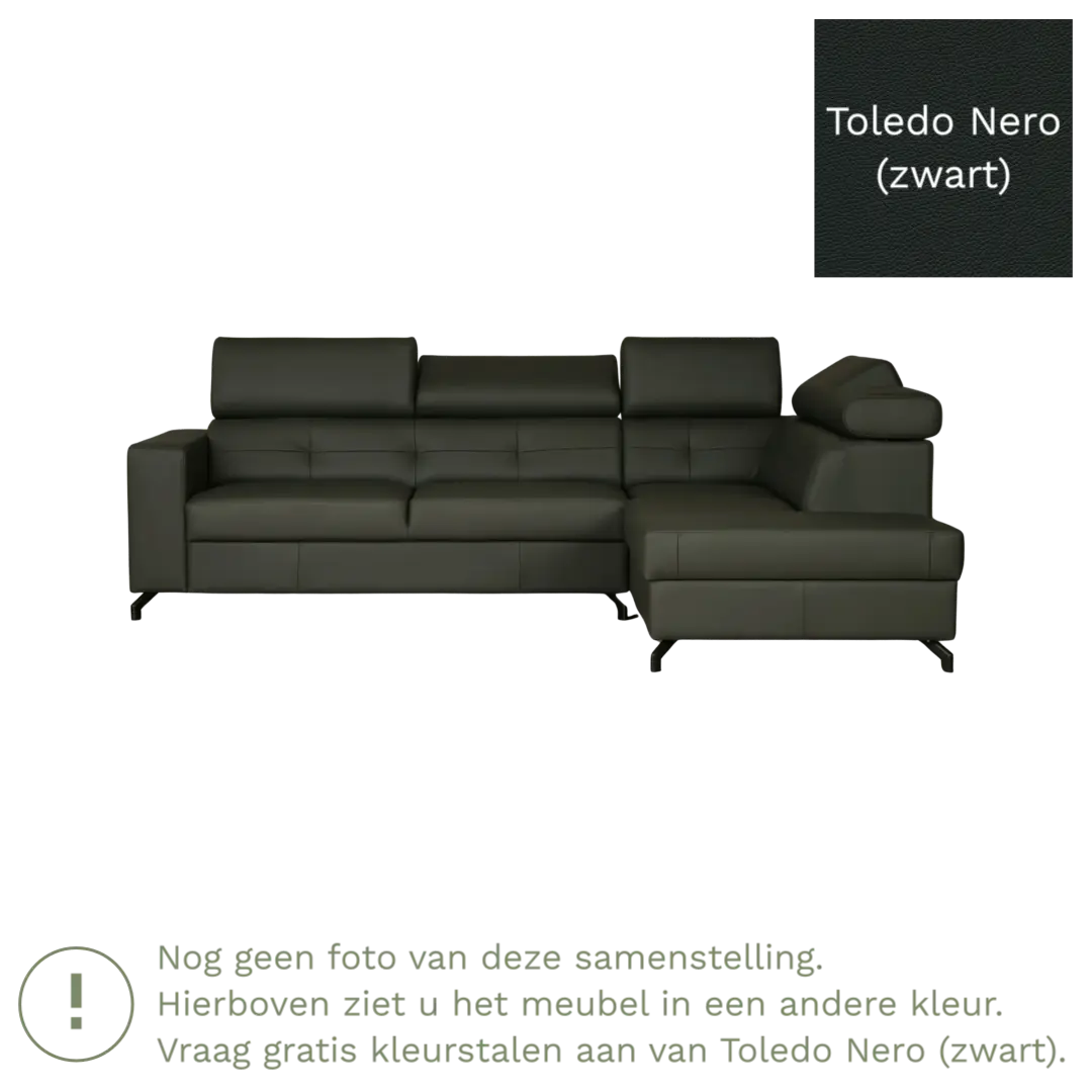 afbeelding van Leren hoekbank Nova - 2.5-zits arm rechts + Longchair arm links - Toledo Nero (zwart) - Poten staal zwart