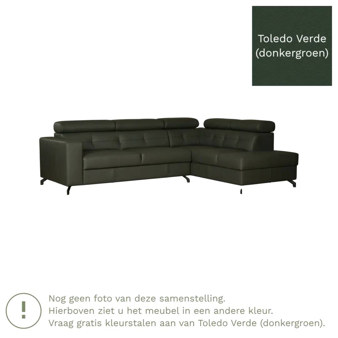 afbeelding van Leren hoekbank Nova - 2.5-zits arm rechts + Longchair arm links - Toledo Verde (donkergroen) - Poten staal zwart