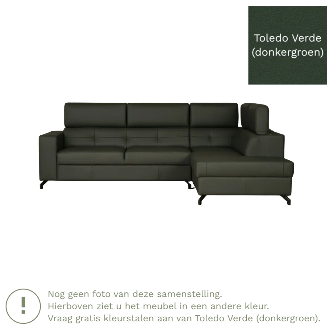afbeelding van Leren hoekbank Nova - 2.5-zits arm rechts + Longchair arm links - Toledo Verde (donkergroen) - Poten staal zwart