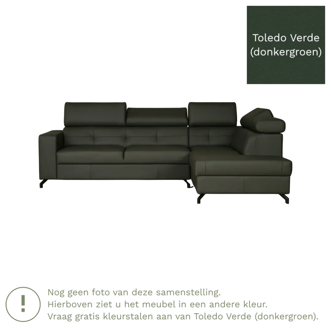 afbeelding van Leren hoekbank Nova - 2.5-zits arm rechts + Longchair arm links - Toledo Verde (donkergroen) - Poten staal zwart